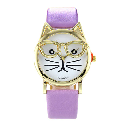 Trendy Cat Design Watch with Colorful Strap for Students