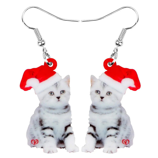 WEVENI Cute Acrylic Christmas Cat Earrings Dangle Drop Charm Pet Jewelry For Women Gift (Cat V)