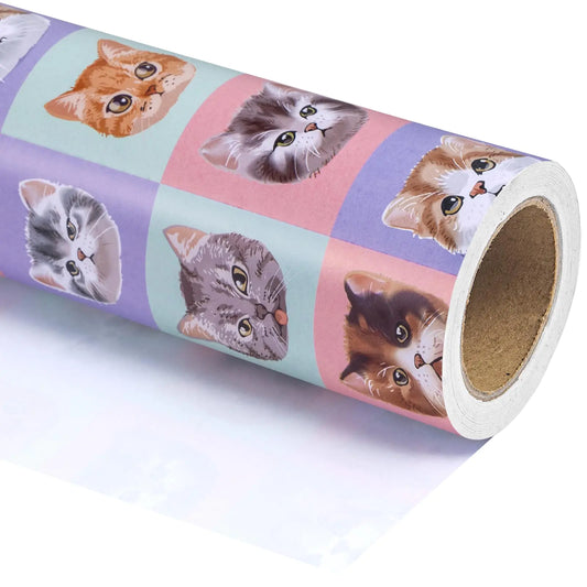 WRAPAHOLIC Cat Wrapping Paper - Mini Roll - 17 Inch X 33 Feet - Adorable Cat Design for Cat Lovers Birthday Party Holiday