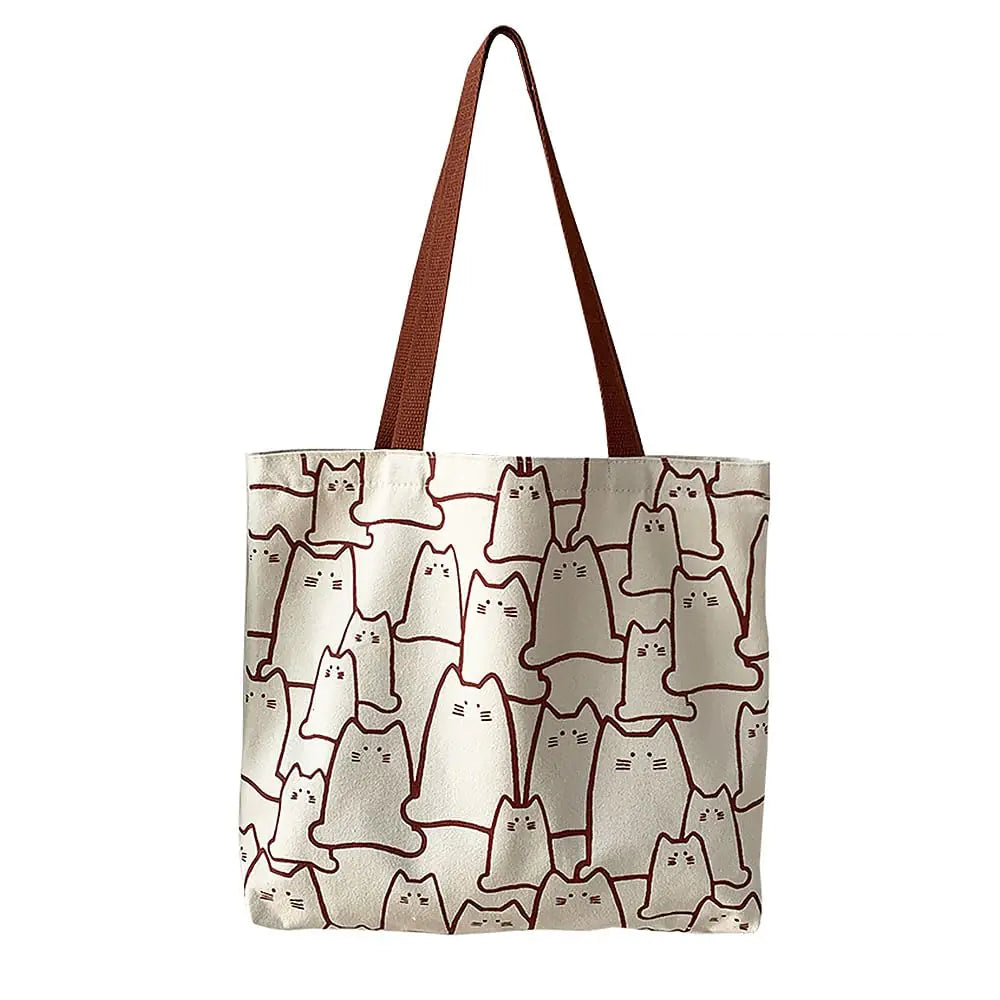 Finyoffiy Canvas Tote Bag Cat Tote Bag with Zipper Pocket Aesthetic Cute Cloth Bag Reusable Grocery Shopping Bag with Handle (Beige-)