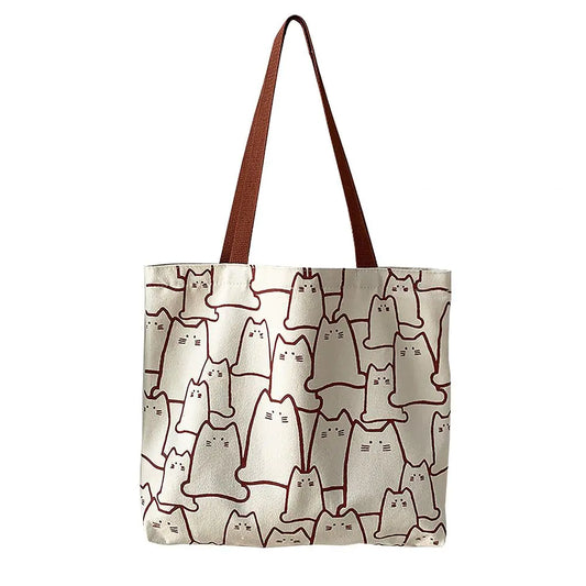 Finyoffiy Canvas Tote Bag Cat Tote Bag with Zipper Pocket Aesthetic Cute Cloth Bag Reusable Grocery Shopping Bag with Handle (Beige-)